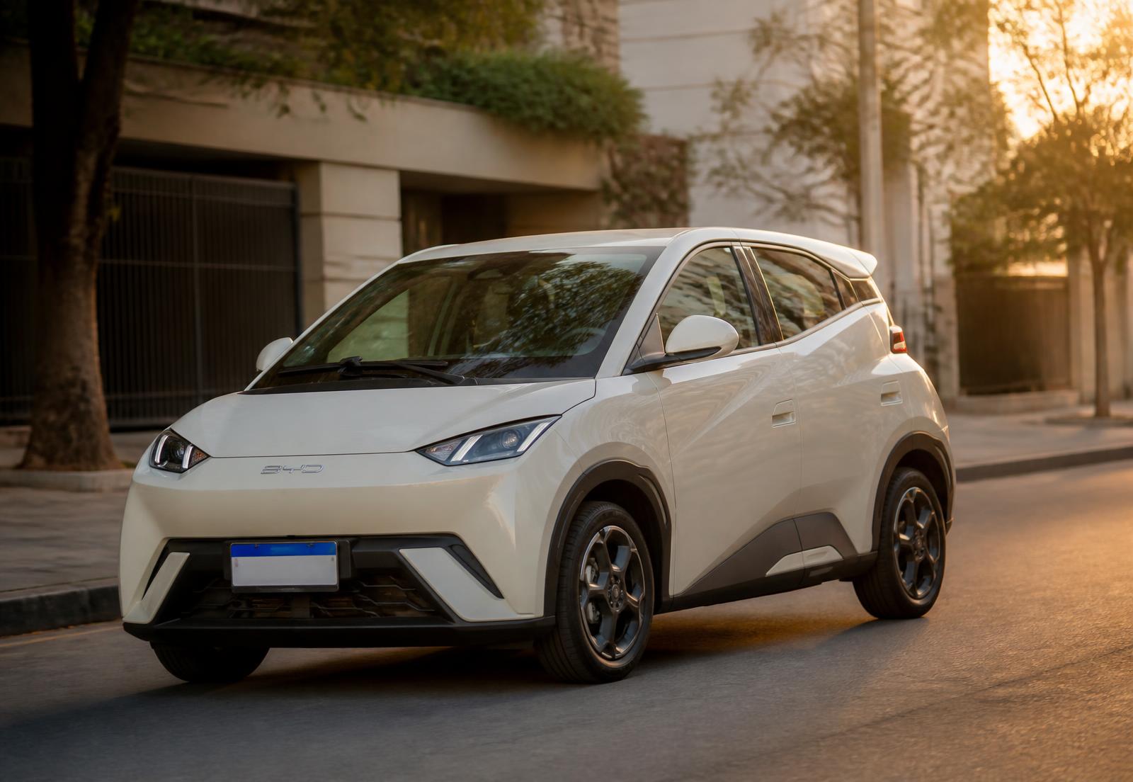 BYD Dolphin Mini elétrico branco perolado em rua urbana ao entardecer